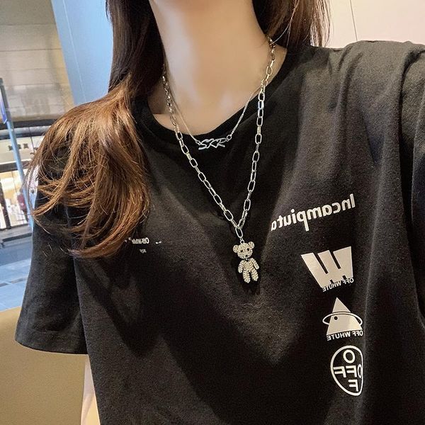 

pendant necklaces 2021 net red same paragraph layered little bear sweater chain long necklace egirl hip hop jewelry, Silver