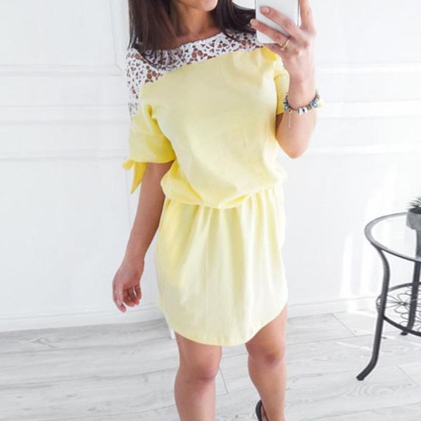 

casual dresses women's summer hollow out lace patchwork mature solid color 2021 fashion slim elegant o-neck female dress, Black;gray