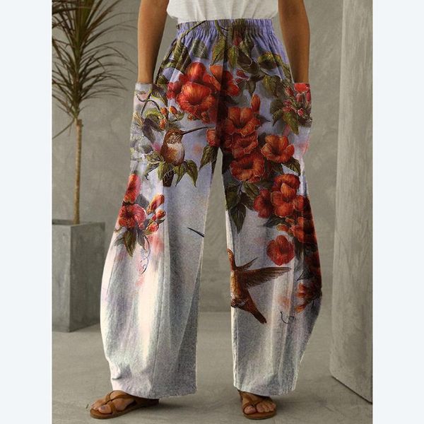 

women's pants & capris autumn flower and bird print trend irregular wide-leg 3d contrast color casual loose trousers, Black;white