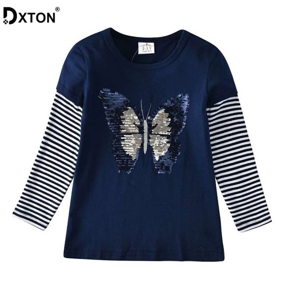 DXTON Kızlar T-Shirt Kış Çocuklar Uzun Kollu Kızlar Tops Tees Kelebek Payetli Çocuk Giyim Şerit Pamuk Kız Tişörtleri 3-8Y 210306