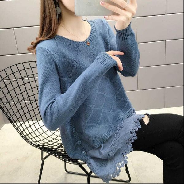 

lace stitching knitted sweater women single breasted decorative mid length loose bottoming pullover jumpers female spring 2021 drop shipping, White;black