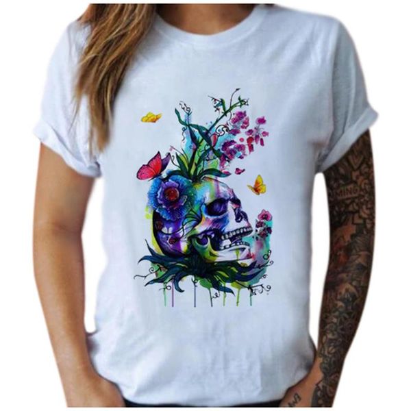 

women's t-shirt skull printing tshirts vintage flower pattern casual short sleeve camisetas calaveras summer streetwear t shirt, White