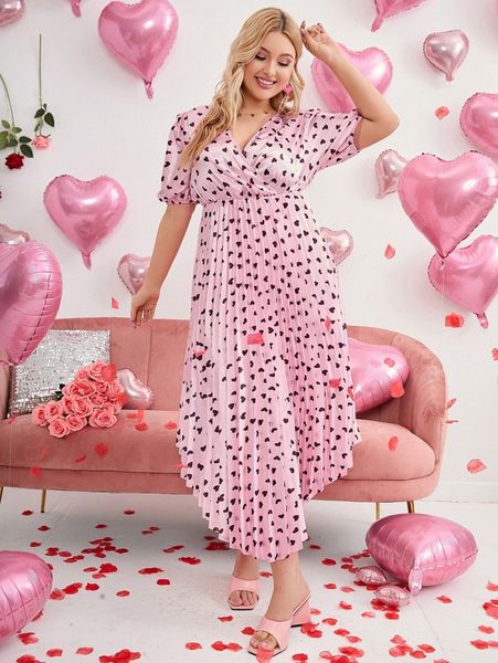 

plus allover heart print puff sleeve pleated hem dress x6ry#, Black