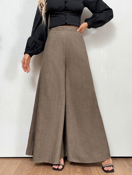 

slant pockets zipper fly palazzo pants 13ub#, Black;white