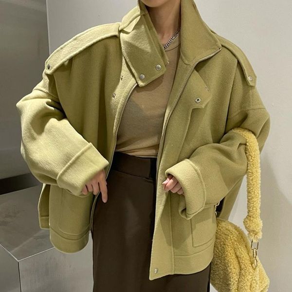 

women's wool & blends [ewq] korean chic autumn winter personalized lapel zipper design loose double pocket long sleeve woolen coat wome, Black