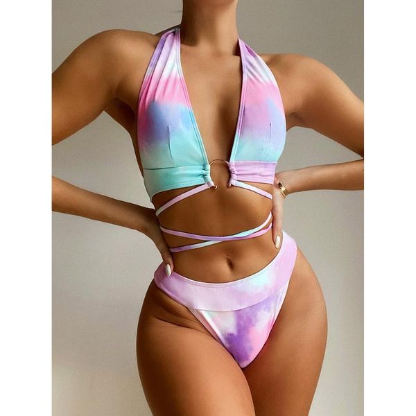 

women's swimwear two piece swimsuit tie-dye halter bandage split bikini sets bathing beachwear fashion summer pad bra thong, White;black