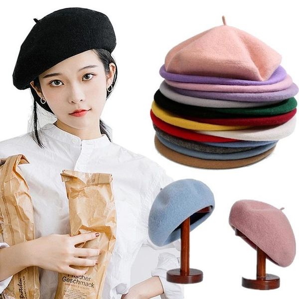 

beanies women girl beret french artist warm wool winter beanie hat cap vintage plain hats solid color elegant lady caps
