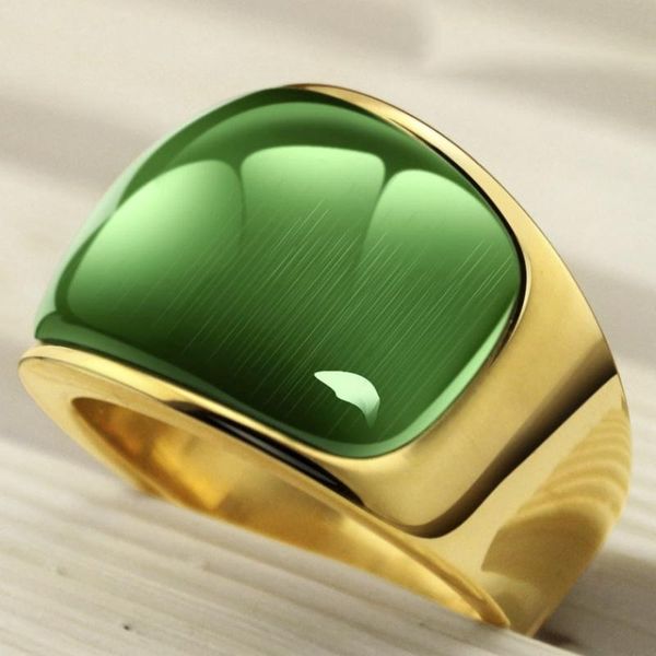 

cluster rings gorgeous men ring wide style stainless steel gold tone green opal fashion male jewelry, Golden;silver
