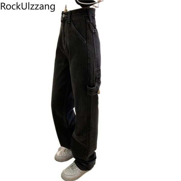 

women's jeans high waist loose straight leg vintage black techwear big pocket boyfriend cargo denim pant women fashion trouser clothing, Blue