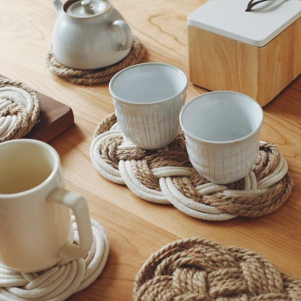 

mats & pads handmade woven cotton thread jute table mat non-slip dining placemat rattan insulation cup afternoon tea decor