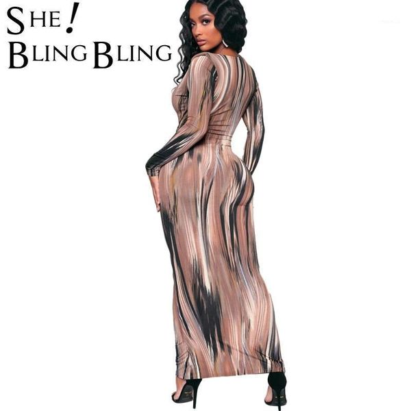 

casual dresses sheblingbling spring autumn long sleeve women dress tie dye bodycon maxi deep v neck lace-up waist ankle length, Black;gray