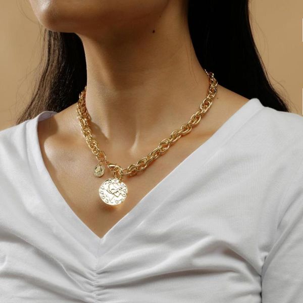 

chokers bohemian alloy head portrait chain choker necklace collar statement carved letter pendant for women jewelry, Golden;silver