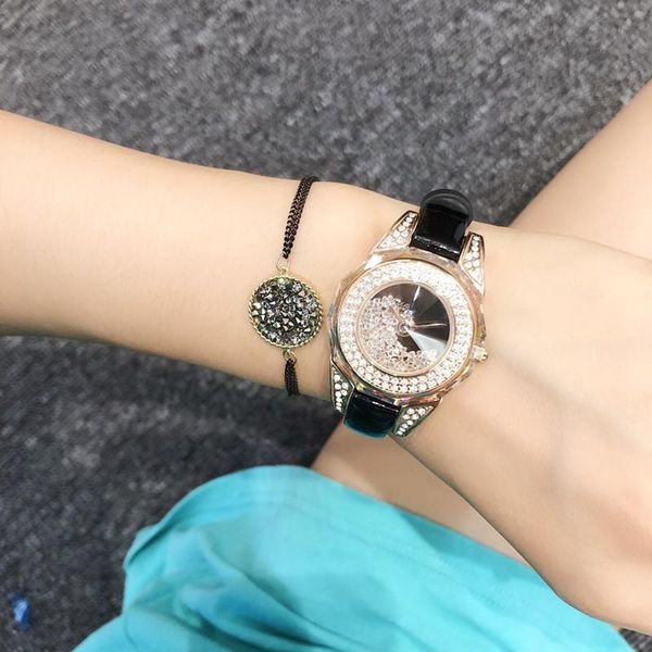 

wristwatches brand genuine leather watch luxury fashion full crystal moving quartz wristwatch women happy stone watches, Slivery;brown
