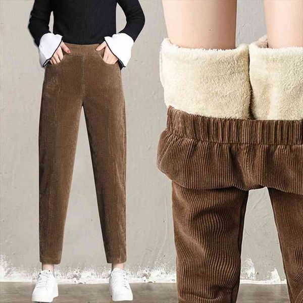 

autumn winter corduroy plush thick womens capri warm long high waist casual loose harem trousers pantalones, Black;white