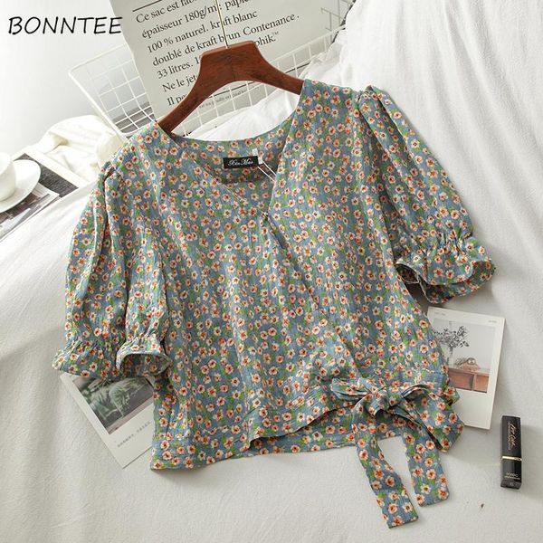 

women's blouses & shirts short puff sleeve women summer floral students female v-neck all-match simple thin fashion chic slim pullover, White