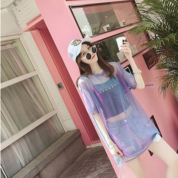 

New 2021 2 Pieces Set T-shirts for Wome Short Sleeve Loose Tops Hollow Out Tee Shirt Sexy Transparent Summer Tshirts 71XP, White
