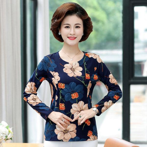 

autumn flower blouse women blue red printing middle aged woman casual round collar long sleeve blouses plus size clothings, White