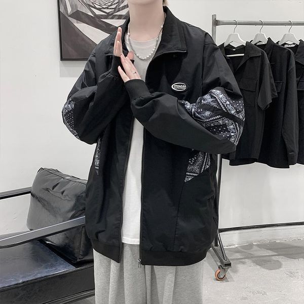 

men's jackets sleeve patchwork stand collar for men korean fashion trends harajuku streetwear male clothes teen loose windbreaker coat, Black;brown