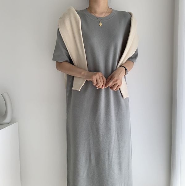 

2021 new summer knitted straight short sleeves thin femme plus size gentle o-neck oversize slim all match long es vestidos j5yg, Black;gray