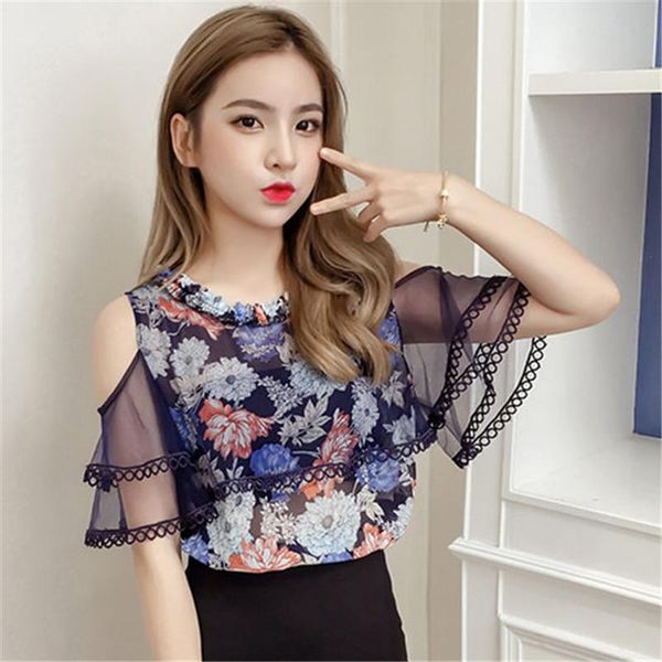 

women's blouses & shirts fashion chiffon clothing summer flower printing cold shoulder short sleeve blouse lady sweet shirt, White