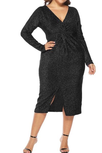 

casual dresses autumn and winter women's fashion large size v-neck dress plus xl~5xl, Black;gray