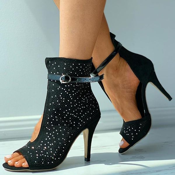 

dress shoes ladies pumps women sandals spring black ankle buckle hollow high heels rhinestone decoration open toe