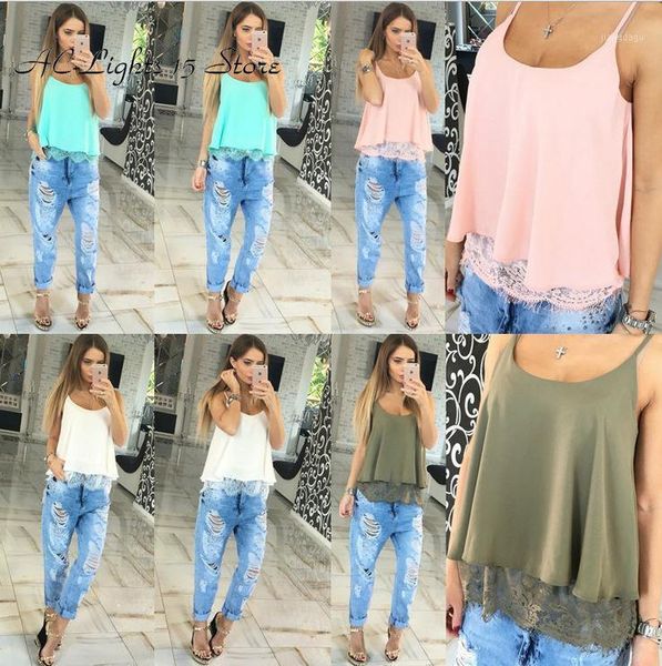 

women's blouses & shirts 2021 lace women slip tank female strap summer ladies chiffon sleeveless see black white