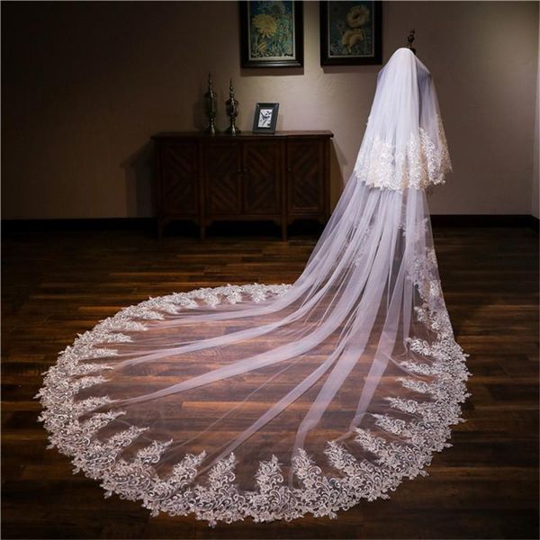 

bridal veils veil cathedral lace trim long wedding dress, Black