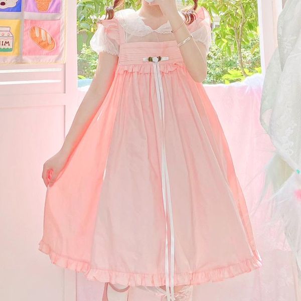 

casual dresses japanese soft girl sweet lolita midi strap dress cute summer vintage pink princess kawaii flying sleeve suspenders, Black;gray
