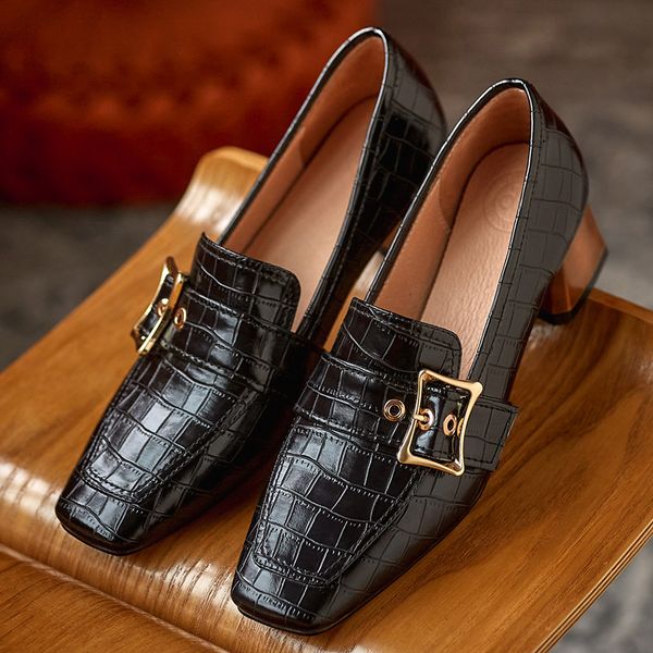 

womens genuine leather stone pattern thick med heel square toe slip-on pumps soft comfortable metal buckle ol style dress shoes, Black