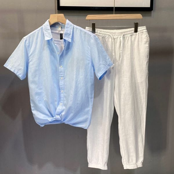 

simple and fresh white short cotton shirt men's thin casual linen slim half sleeve linen shirt men's wear