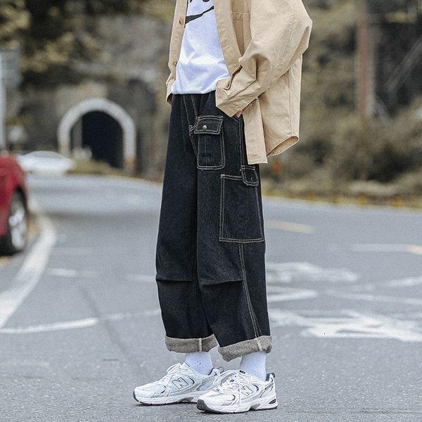 

2021 new men's oversized cargo casual hip hop wide leg pants multi pocket jeans baggy homme balck biker denim trousers -5xl fj1m, Blue