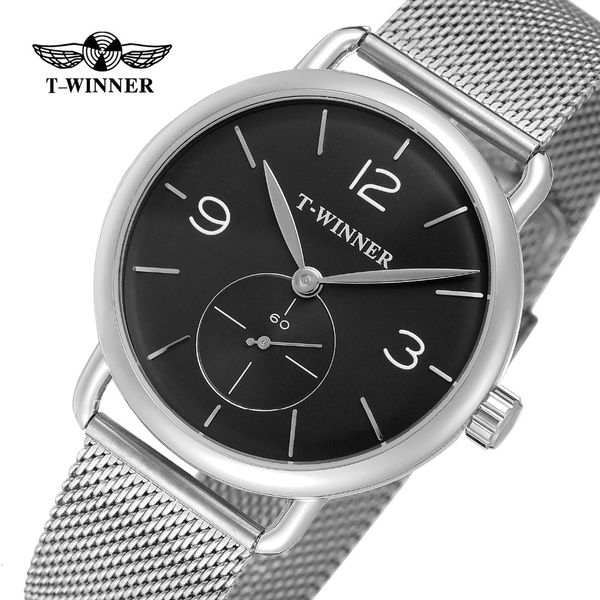 

t-winner mechanical hand-wind stylish casual mesh bracelet transparent crystal original mark analogue dial watches wrg8166m4, Slivery;brown