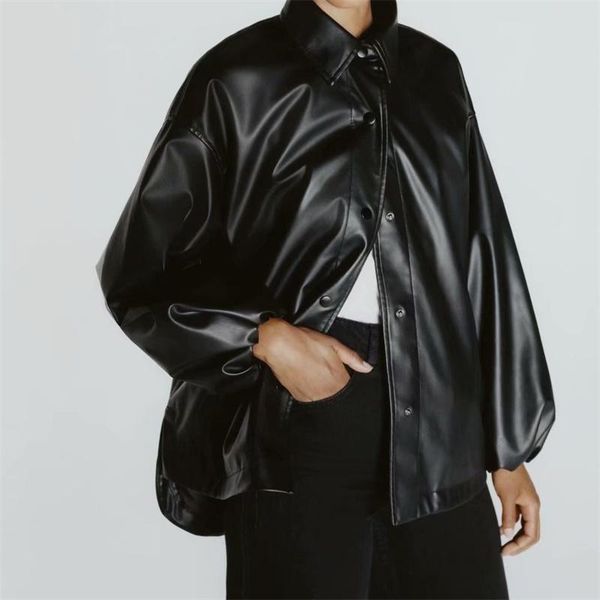 

women's jackets women 2021 fashion with side pockets gathering faux leather blouses vintage long sleeve button-up female shirts chic, Black;brown