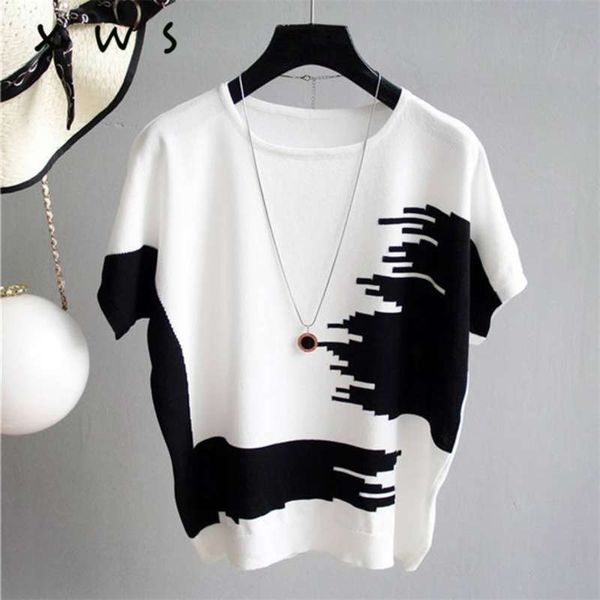 

summer women sweater pullover thin rib knitted pull femme patchwork o neck essential jumper short sleeve sueters de mujer 210927, White;black