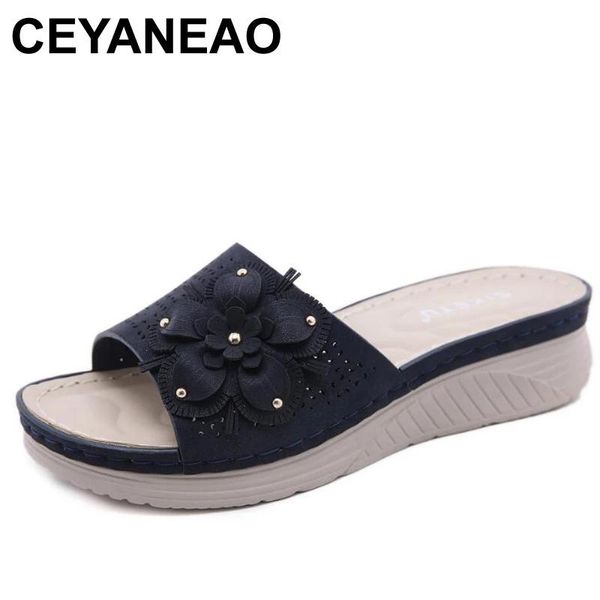 

ceyaneao 2021 women summer sandals fashion flowers solid cover heel flat platform heel casual ladies plus size wedges slippers, Black
