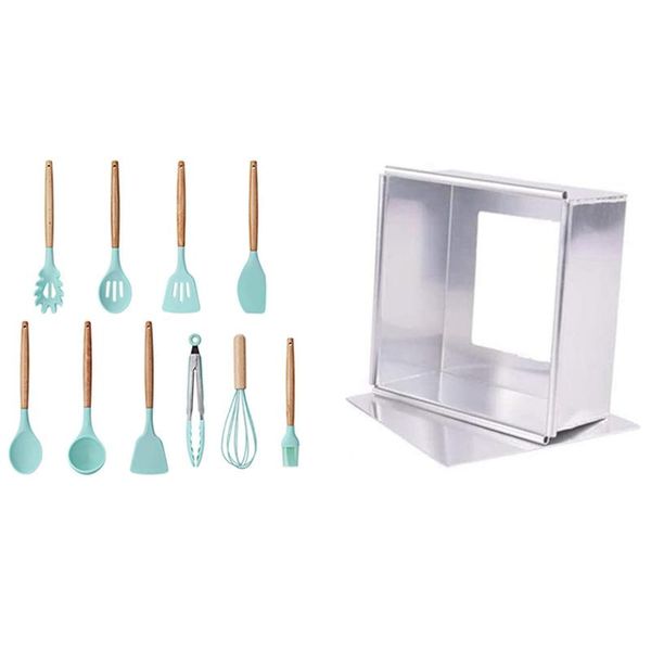 

9 pieces cooking tools set silicone & 1x anodized aluminum square cheesecake pan chiffon cake mold baking mould