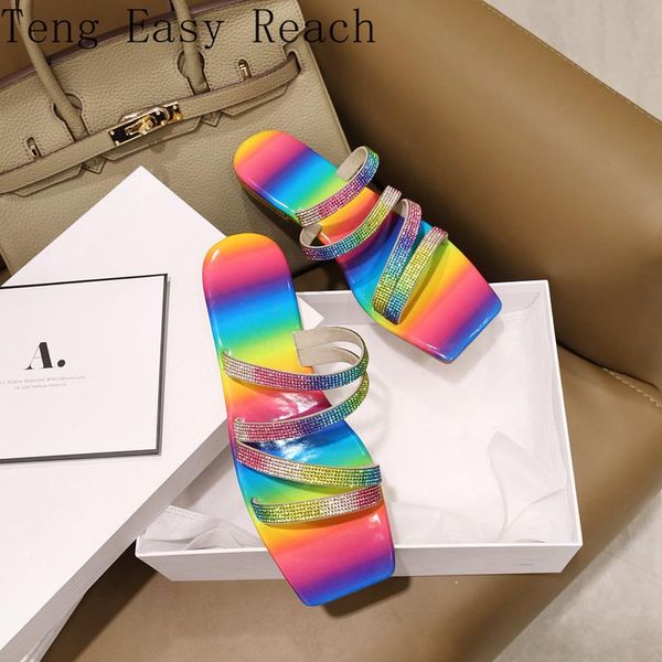 

slippers 2021 ladies summer outside rome modern for women flats synthetic leather rainbow strap square toe fashion, Black