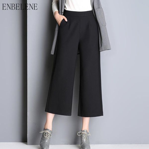 

women's pants & capris 2021 autumn ankle-length women solid black blue white high waist for female loose wide leg office ladies gj287, Black;white