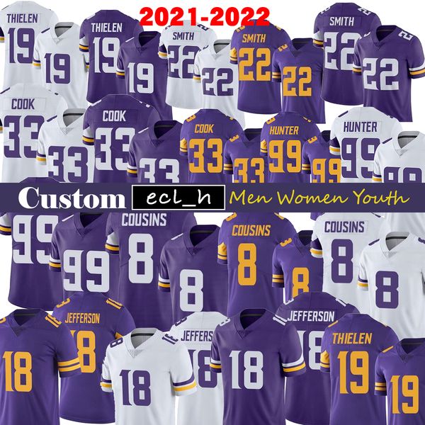 

2021 min football jersey custom men women youth 8 kirk cousins 18 justin jefferson 19 adam thielen 22 harrison smith 33 dalvin cook 99 danie, Black;red