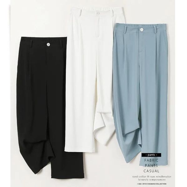 

women's pants & capris draping ice silk chiffon casual suit female summer style n loose straight high waist nine-point wide-leg, Black;white