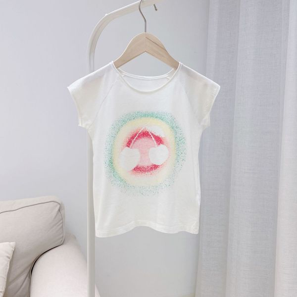 

new hair 2021 children's spring and 3.5 summer cotton white watercolor circle cherry t-shirt round neck top, Black;white