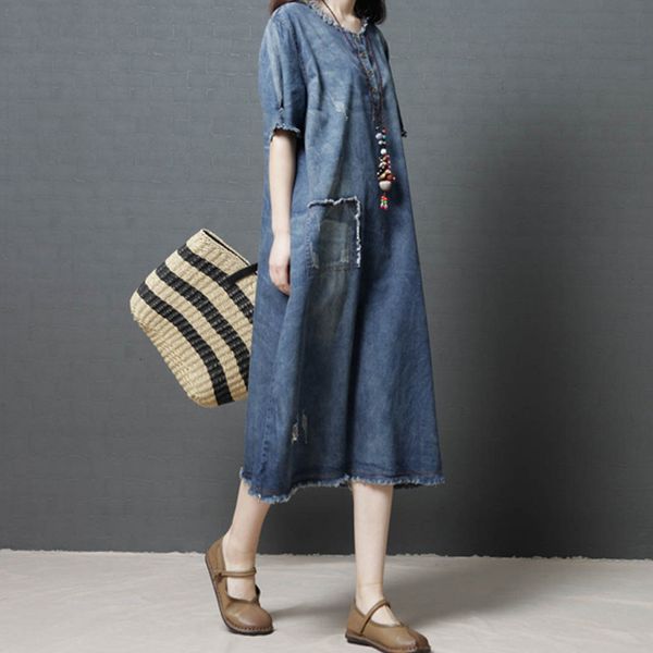 

casual dresses women denim dress korean style blue vintage 2021 summer new o-neck patchwork cloths loose ths6, Black;gray