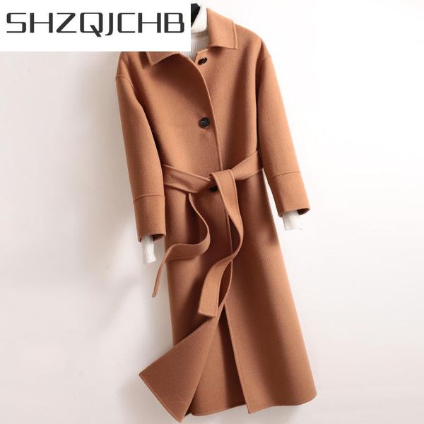 

women's wool & blends shzq winter coat women clothes 2021 fashion 90% long jacket + belt ladies elegant autumn female casaco hiver 10hs, Black