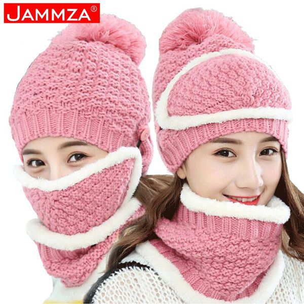 

hats, scarves & gloves sets winter thicken keep warm suit for woman hat,facial mask,bib,gloves knitting hairball ladies outdoor against the, Blue;gray