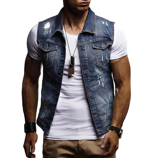

men's vests denim vest men cotton sleeveless jackets blue casual fishing shredded jean coat ripped male cowboy outdoors waistcoat, Black;white