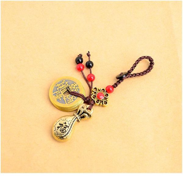 

handmade rope lucky feng shui hanging vintage brass money bag keychain pendant jewelry ancient five emperors coins car k qylgwa