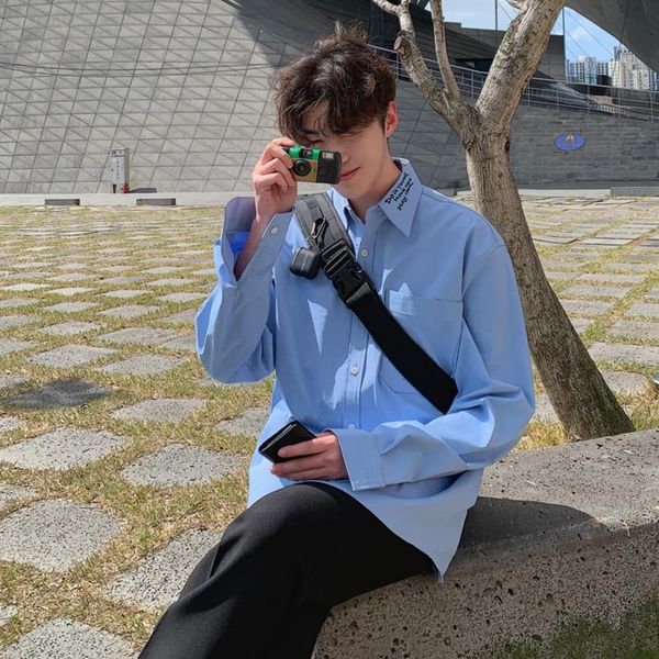 

men's casual shirts autumn shirt loose korean version of the trend letter embroidery long-sleeved lazy all-match, White;black