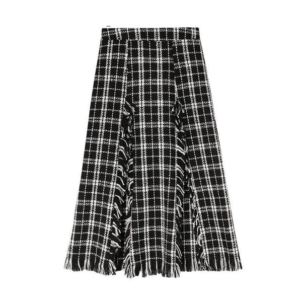 

elegant women 2021 spring autumn skirt female empire wool tassels plaid japan vintage fashion casual office ladies mid skirtss39, Black