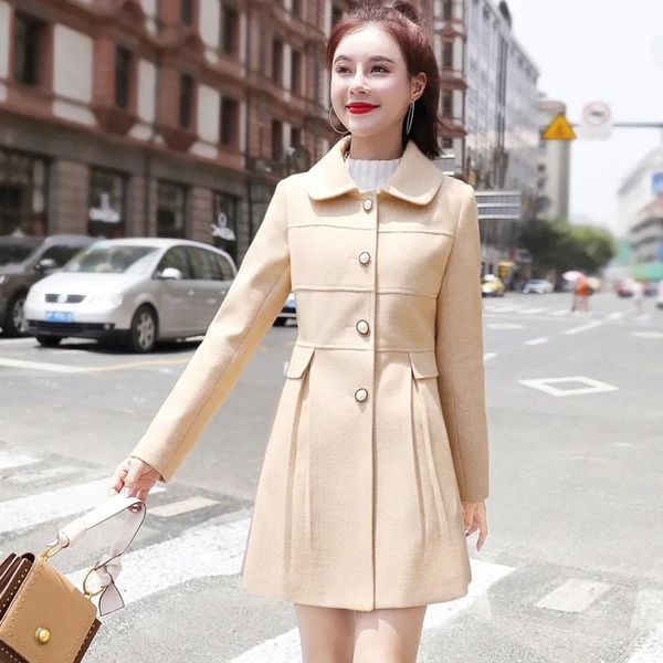 

women's wool & blends plaid woolen coat autumn and winter 2021 ladies fashion temperament waist thin all-match female, Black